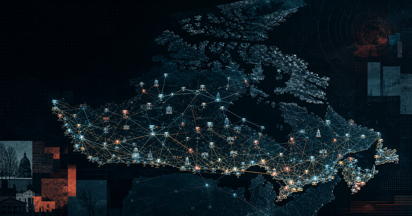 An illustrated map of Canada formed by connected civic and camera nodes